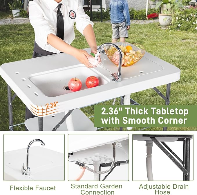 Outvita Folding Portable Camping Sink Table with Sink Faucet Drainage Hose &amp Grid Rack White