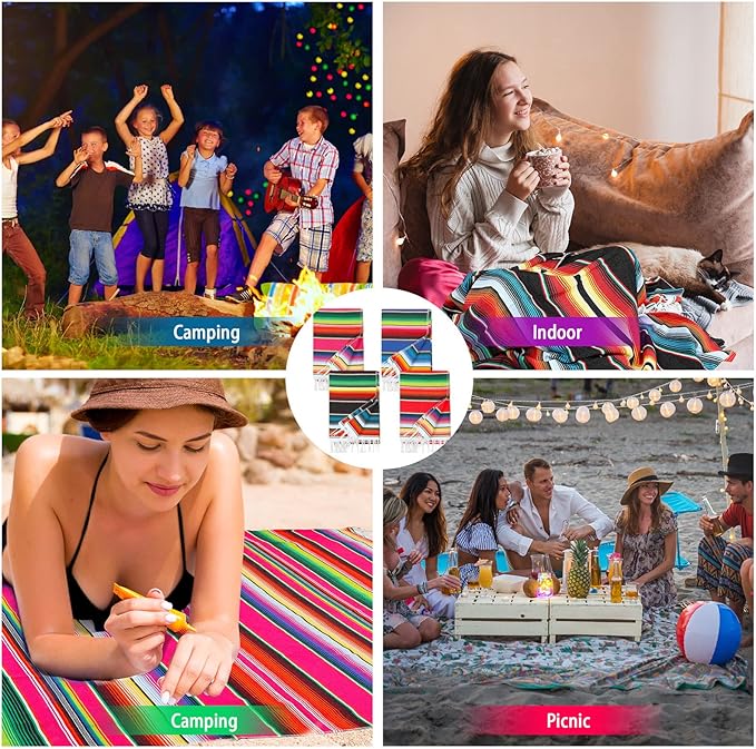 Tudomro 4 PCS Large Authentic Mexican Blankets Colorful Mexican Striped Throw Blankets Serape Fiesta Beach Fringe Yoga for Home Office Camping Picnic (Bright)
