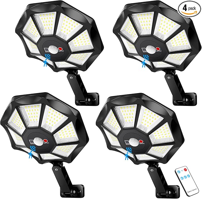 Solar Flood Lights Outdoor 4-Pack Black 30000 Lumen 3E+2 Watts 672 LED Motion Sensor Dusk to Dawn Waterproof Modern Style Ideal for Outdoor Spaces