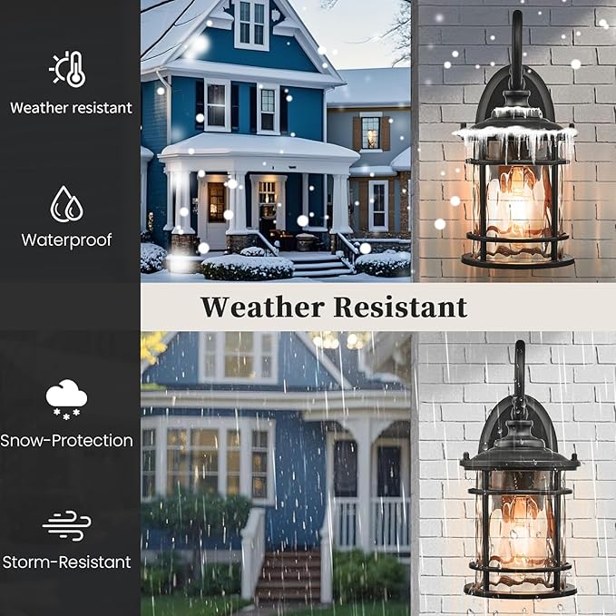 Outdoor Wall Lamps Exterior Waterproof Wall Sconce Light Fixture with Water Ripple Glass Die-Casting Aluminum Black Waterproof Wall Mount Light for Porch Garage Yards