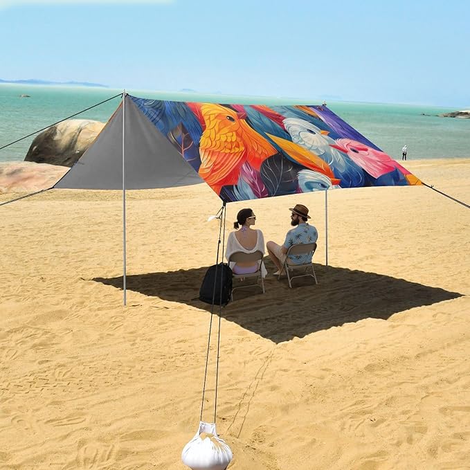 Colorful Cute Birds Beach Tent Sun Shelter 9.2' x 10.5' Beach Canopy with 4 Sandbags 4 Stability Poles Sand Shovels - Tent Canopy for Beach Camping Fishing Picnics