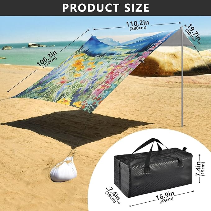 Beach Tent Sun Shelter Pink-Purple Wildflower Bushes Lightweight &amp Easy Setup Beach Shade Canopy for Camping Fishing