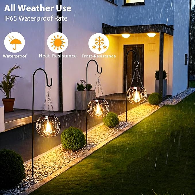 Hanging Solar Lanterns Solar Lights Outdoor Waterpoof Solar Chandelier with Warm White Led Bulb Beaded Copper Wire Ball Shade Patio Garden Decor Lights for Tree Yard Pathway Wall Eave Pergola-2Pack