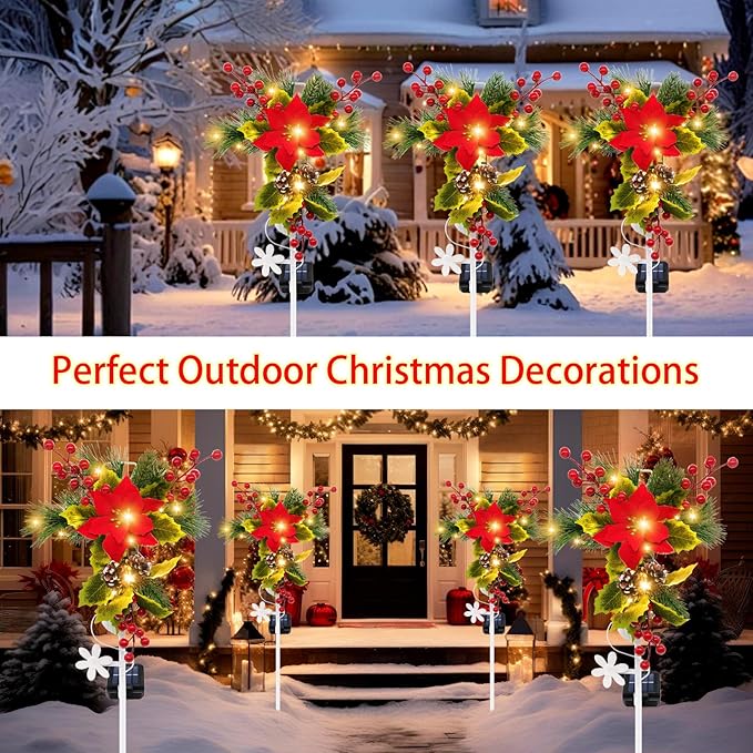 Solar Christmas Decorations Outdoor 4 Pack 32 Inch Solar Christmas Cross Stake Lights Waterproof Grave Decorations with Poinsettia Flower Pinecones Red Berries for Garden Yard Patio Lawn Cemetery