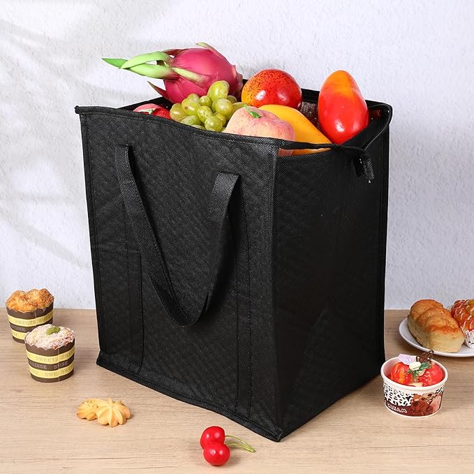 6 Pcs Insulated Shopping Bags For Groceries Large Reusable Cooler Bags Thermal Totes With Zippered Top For Hot Cold Food Delivery Refrigerator Pizza(Black)