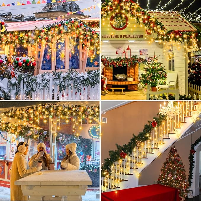 XURISEN 66ft Christmas Lights Decorations Outdoor 640 LED 8 Modes Curtain Fairy Lights with 120 DropsPlug in Waterproof Timer Memory Function for Christmas Holiday Wedding Party Decor(Warm White)