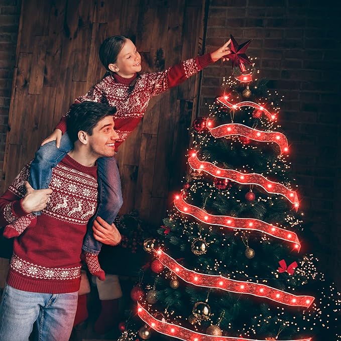 Xmas Decorations 2.5Inch x 33Ft 100 Led Xmas Tree Ribbon Lights w/ Remote Control Battery Operated &amp USB Powered 8 Lighting Modes Fairy String Lights w/ Timer Xmas Decor (Vi23090904)