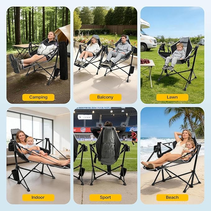 ZENPETIO Hammock Camping Chair with Footrest Swinging Portable Folding Camp Chairs for Adults 500lbs Heavy Duty Outdoor Rocking Chair Foldable Oversized Rocker with Cup Holder Pillow for Patio Beach