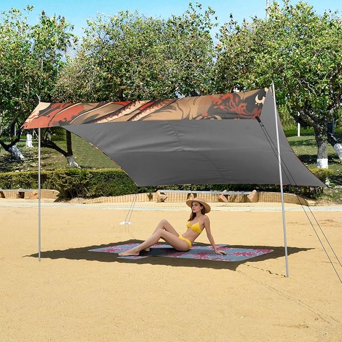 Vintage Fantasy Dragon Beach Tent Sun Shelter 9.2' x 10.5' Beach Canopy with 4 Sandbags 4 Stability Poles Sand Shovels - Tent Canopy for Beach Camping Fishing Picnics