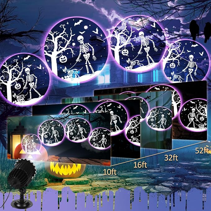 Halloween Projector Light with 1 Film Slides Holiday LED Projector Lights Outdoor Reflectors Waterproof Landscape Decorative Rotation Lighting Movement Projection Lamp(Skeletons and Dogs)