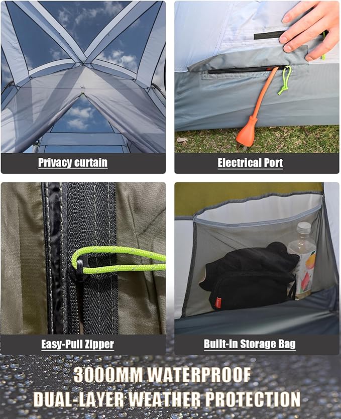 Three Bears 6-Person Tent 3000mm Waterproof Double-Layer Tent with Room Dividers Family Tent with Color-Coded Connection Buckles Front and Rear Vestibules Can Be Set Up as Sunshade Canopies