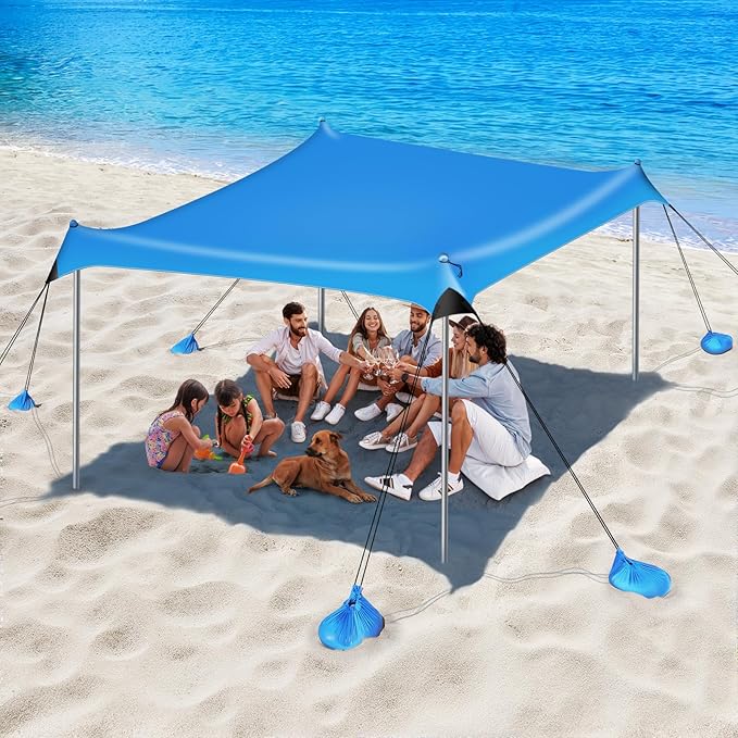 Beach Tent Sun Shelter 10 x 10 FT Beach Canopy Tent Sun Shade UPF50+ Tents Canopy with 8 Sandbags &amp 4 Stability Poles Outdoor Tents for Camping Fishing Sky Blue