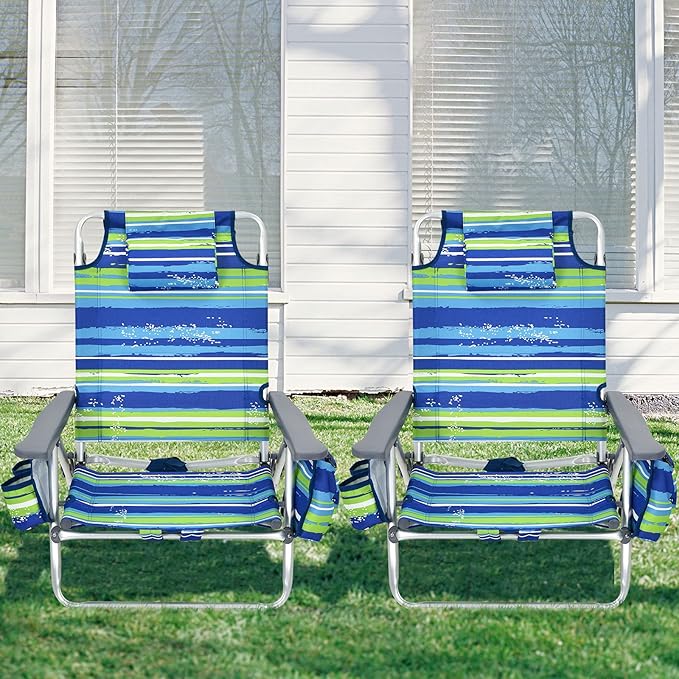 Giantex Folding Beach Chair Patio Sling Chairs with 5 Adjustable Position Head Pillow Storage Bag Towel Bar Cup Holders Backpack Chairs for Sunbathing Camping Chair