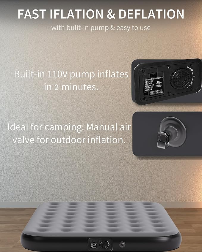 Air Mattress Full with Built in Pump Raised with Comfort Plush Inflatable Blow Up Mattress for Home Guests Camping (Grey 10” Height)