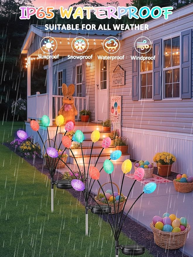 Upgraded 4 Pack Solar Easter Egg Lights Outdoor Colorful Swaying Firefly Lights with 2 Lighting Modes Waterproof Solar Pathway Lights for Spring Garden Lawn Yard Patio Porch Easter Decorations