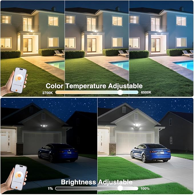 Onforu 65W Smart LED Flood Lights Outdoor 6500LM Brightness Adjustable APP Control Tunable 2700K-6500K WiFi Alexa Security Lights with Timer &amp 4 Lighting Head Exterior Floodlight for Yard Gara