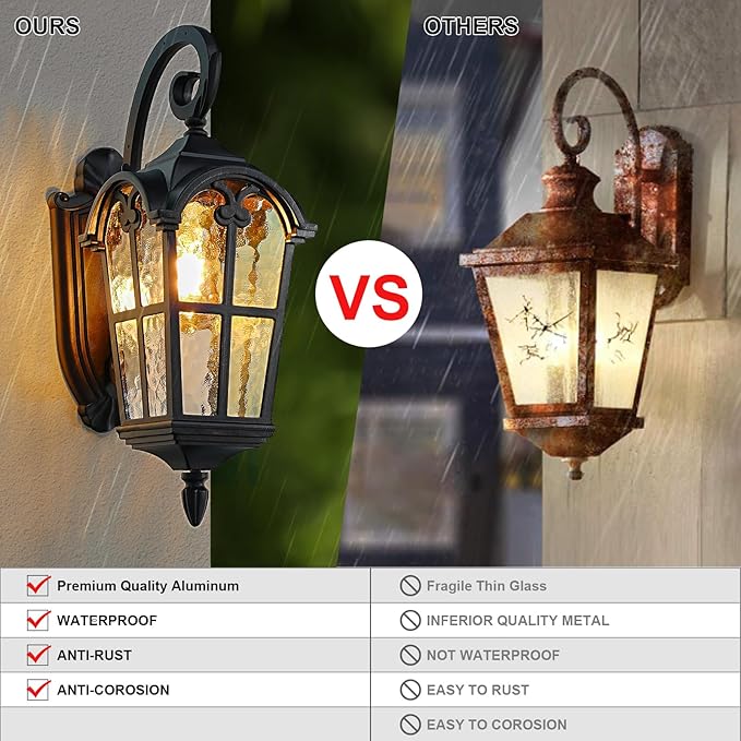 17.1'' H Aluminum Outdoor Wall Lights- Black Roman Style Waterproof &amp Anti-Rust Exterior Lighting Fixtures Hammered Outdoor Wall Lantern for Porch Doorway Garage Backyard 2 Pack