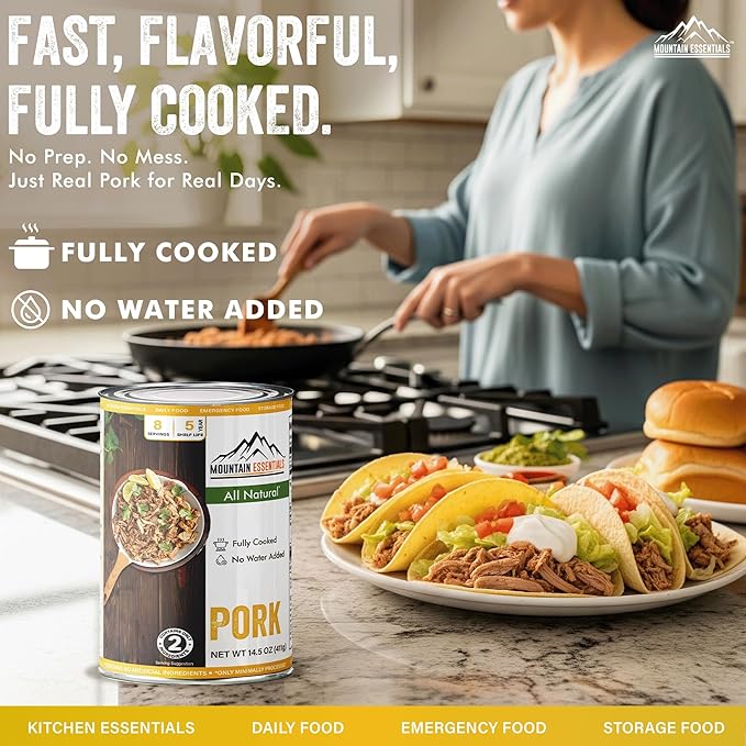 MOUNTAIN ESSENTIALS Canned Pork 14.5 oz – Fully Cooked Ready to Eat – Pantry Staple Meat for Everyday Meals Premium Emergency Survival Bulk Food Storage Camping Hiking &amp Quick Meals – 5-Year