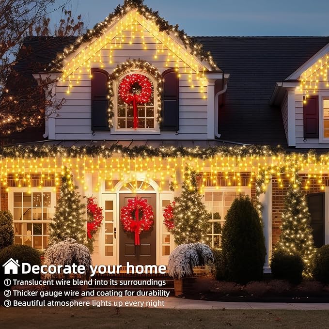 Christmas Outdoor Icicle Lights - 480 LED 66+33 FT 8 Modes Curtain Fairy String Light Plug in Waterproof for Eaves Yard Holiday Xmas Holiday Indoor Outdoor Decoration - Warm White