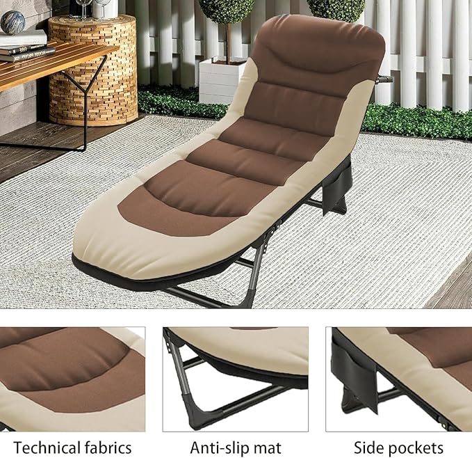 Folding Camping Cot Travel Cot with Adjustable Backrest und Side Pocket 450LBS Max Load Portable Cots for Adults Adult Cots for Sleeping for Outdoor Office Nap Beach Travel (Brown)