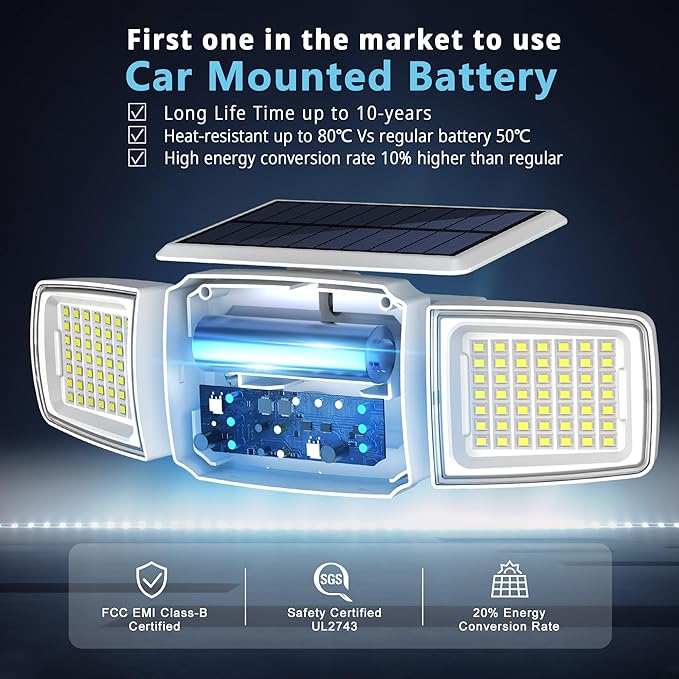 White Solar Security Light Outdoor Super Bright LED Motion Sensor Solar Flood Light 3 Heads 270° Wide AngleRemote Control IP65 Waterproof 3 Modes (3 Packs)