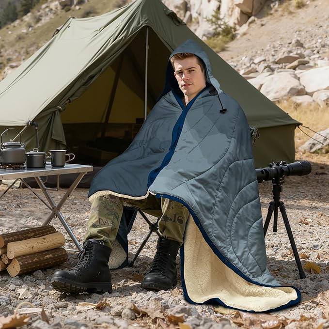 Outdoor Camping Blanket with Sherpa Lining Extra Warm Thick Camp Blankets and Puffy Ultralight Soft Poncho DWR Camping Quilt for Cold Weather Adventure Sleeping Backpacking 78x 56