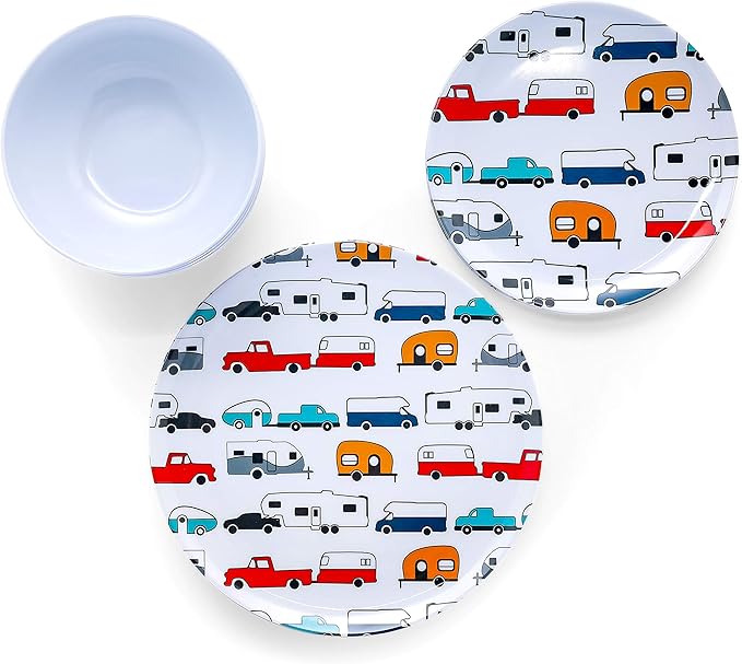 Camco Life is Better at the Campsite Dishware Set | Includes (4) large dinner plates (4) small salad plates and (4) bowls | Top rack dishwasher safe | Multi-color RV and truck design (53295)