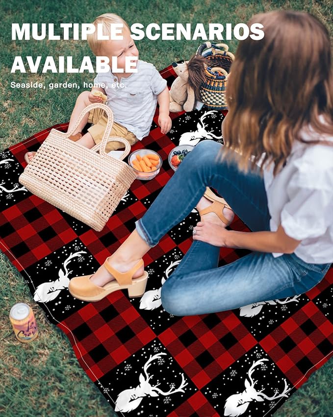 Beach Blanket Waterproof Sandproof OversizedChristmas Animal Elk Winter Snowflake Beach Mat with Corner Stakes Sand PocketsRed Buffalo Plaid White Shadow Outdoor Picnic Mat for Travel 95x80In