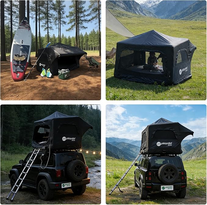 PlayDo Inflatable Rooftop Tent Easy Setup Camping Tent for The Roof of Sedans Pickup Blow Up Roof Top Tents SUV Truck Van Glamping Tent with Porch Strip Light for 2-3 Person