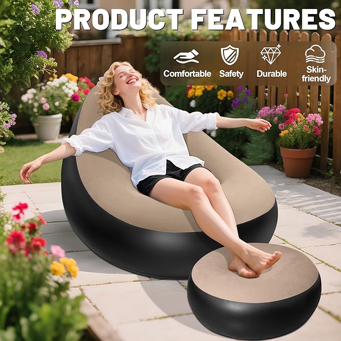 Inflatable Chair for AdultsPortable Inflatables Chairs with OttomanFlocked Surface inflatables CouchWaterproof Blow Up chairComfortable inflatable Couch for CampingGaming(Without Pump)1PK