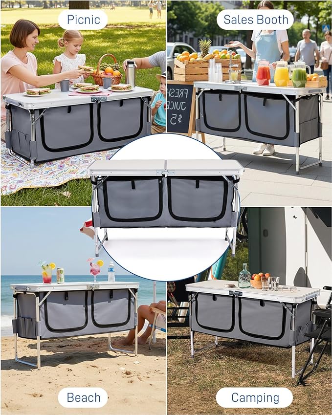Outvita Folding Table 4FT Aluminum Camping Table with Large Storage Space and Adjustable Height Picnic Table Lightweight for Carring Outdoor Party Events Beach