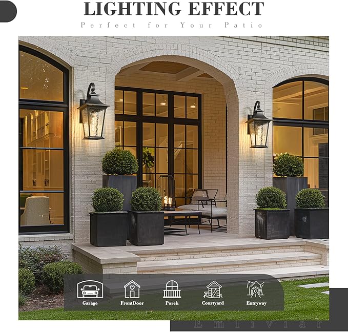Emliviar 25 Inch Exterior Lighting Fixture Black Outside Lights for House Outdoor Wall Lantern with Water Ripple Glass XE220B-SW BK