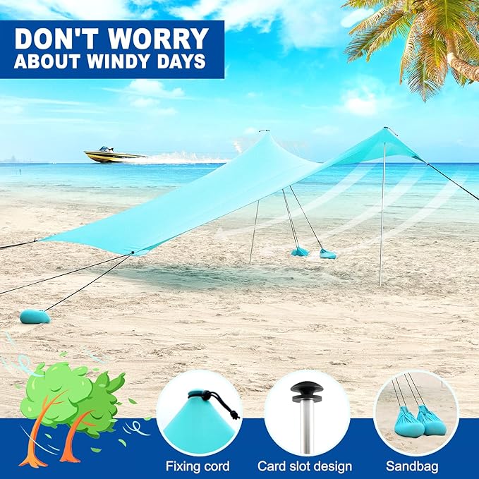 Beach Tent Sun Shelter UPF50+ Portable Beach Shade Canopy Windproof Beach Sun Shade with 2 Pole and 6 Sandbags for Family Vacation Beach Camping Fishing Picnics Park(7×7FT)