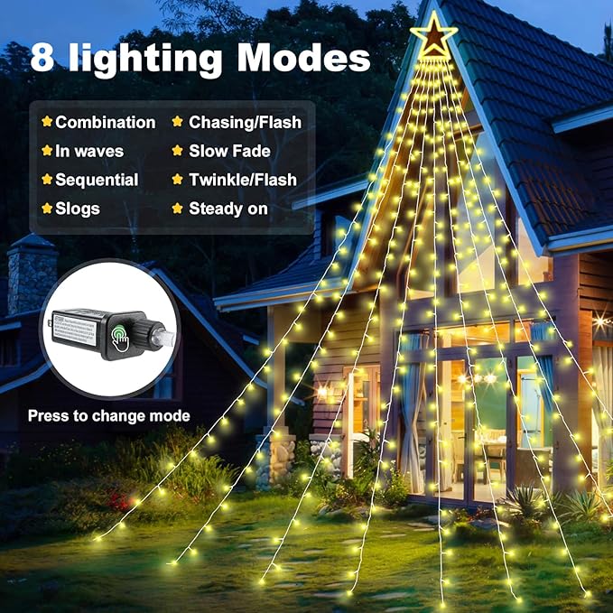 Christmas Decorations Outdoor 11.5 ft 317 LED Star Christmas Tree Lights 8 Memory Lighting Modes&ampTimer Star Light for Yard Wedding Party Decorations（Warm