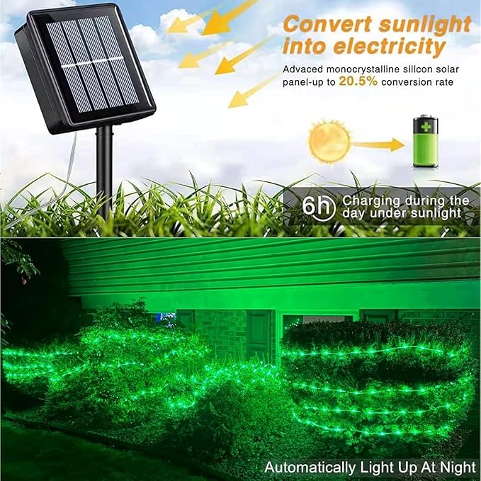 QITONG 2 Pack Green St Patricks Day Lights Each 33ft 100 LED Solar Rope Lights Outdoor 8 Modes Fairy Lights in Clear PVC Tube