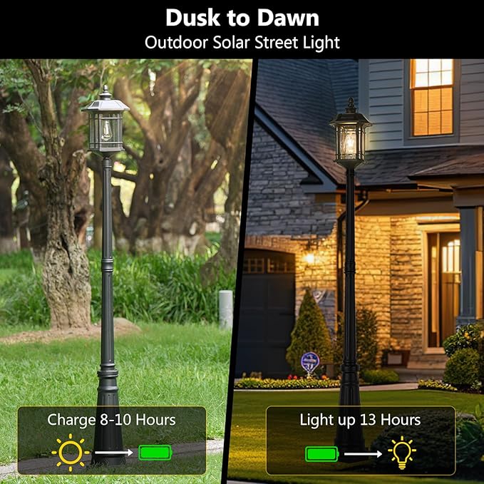 Emliviar 82 Solar Street Lamp Outdoor LED Dusk to Dawn Pole Solar Light with Remote Control Waterproof Post Lighting with Seeded Glass A2202110PL-SL BK