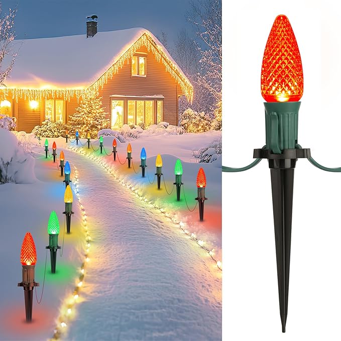 Brightown Strawberry C9 Christmas Pathway String Lights 25.7 Feet C9 Walkway Lights with 20 Colored Bulbs and Stakes Connectable Christmas Light Outdoor Decorations for Outside Multicolor
