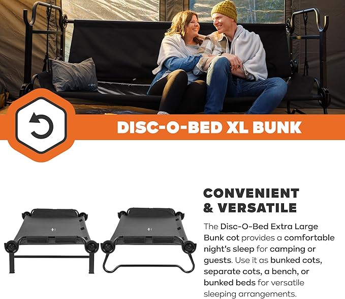 Disc-O-Bed Extra Large Portable Bunk Camping Cots with Carry Bags - Heavy-Duty Indoor or Outdoor Sleeping System Converts to Bench or Separate Beds 500 lb Weight Capacity Per Cot Black