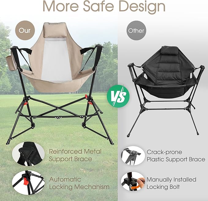 HOMEFUN Hammock Camping Chairs Set of 2- Portable Swinging Chair for Adults with Stand and Storage Bag Oversized Folding Rocking for Lawn Camp Fishing Hiking Khaki