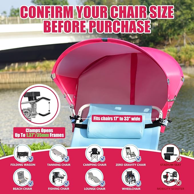 XL Universal Beach Chair Umbrella Canopy UPF 50+ Chair Sun Shade Attachment with Adjustable Clamp for Camping Lawn Wheelchair Tanning Zero Gravity Lounge Outdoor Chairs Oversized 2 Pack