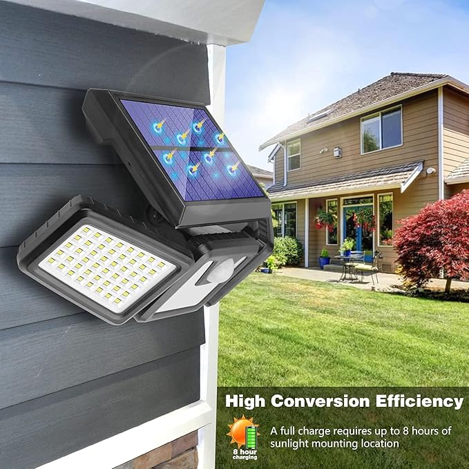 AmeriTop Solar Lights Outdoor 2 Pack 128 High Brightness LED Cordless Solar Motion Sensor Lights 3 Adjustable Heads 270°Wide Angle Illumination IP65 Waterproof Security Flood Light