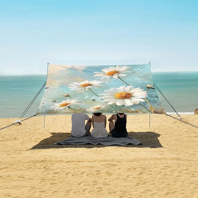 Daisy Painting Beach Tent Sun Shelter 9.2' x 10.5' Beach Canopy with 4 Sandbags 4 Stability Poles Sand Shovels - Tent Canopy for Beach Camping Fishing Picnics