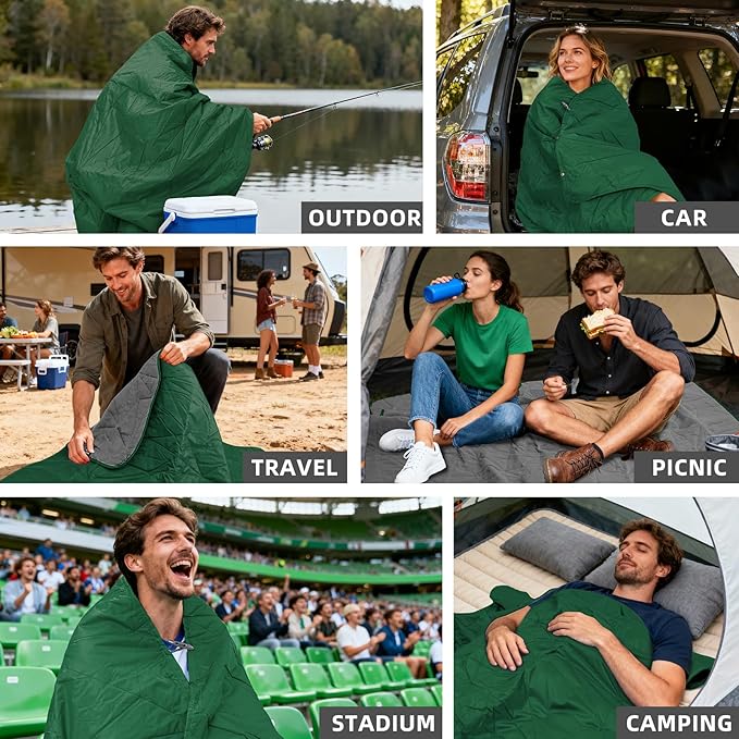 Large Outdoor Waterproof Blanket Extra Thick Fleece Stadium Blanket for Camping Car Pet Picnics - Windproof Wearable Machine Washable 80 x 58 (GreenHooded)