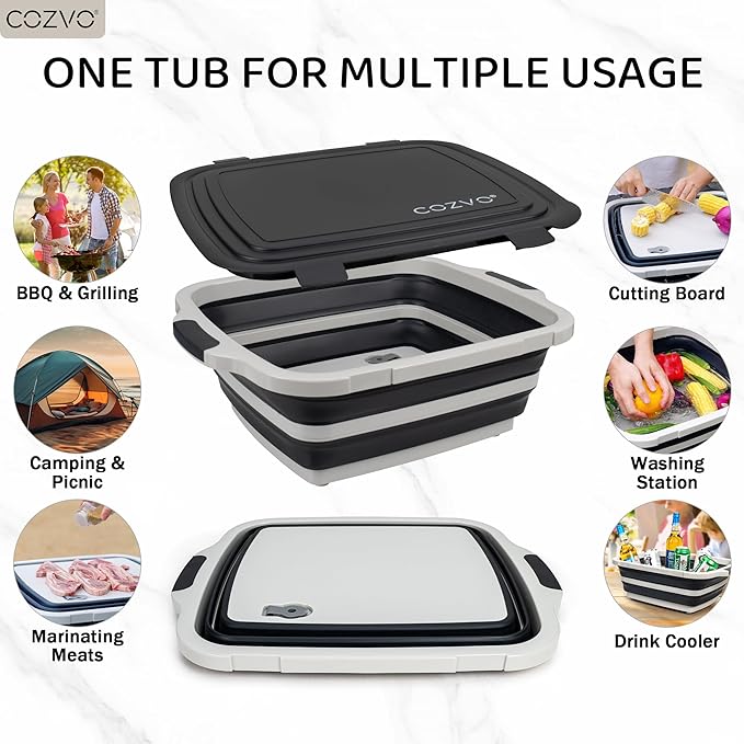 6-in-1 Collapsible BBQ Prep Tub &amp Marinade Container with Locking Lid | 20 Multifunction Camping Sink Portable Cutting Board and Food Storage Bin for Grilling Picnics Tailgating - Black