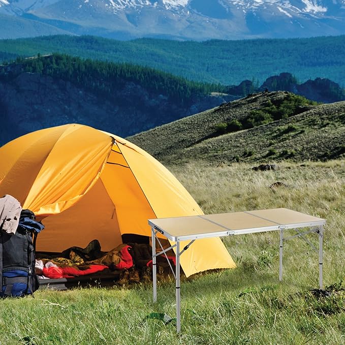 ARROWHEAD OUTDOOR 4’ ft Heavy-Duty Portable Aluminum Frame Folding Table w/Leveling Feet Solid Tabletop Surface 2 Adjustable Heights Carrying Case Included Lightweight USA-Based Support
