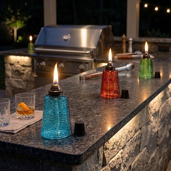 Seraphic Citronella Table Top Torches for Outdoor Patio 16oz Decorative Glass Torch Citronella Candles for Outside Deck Garden Parties Set of 3 Blue/Amber/Green