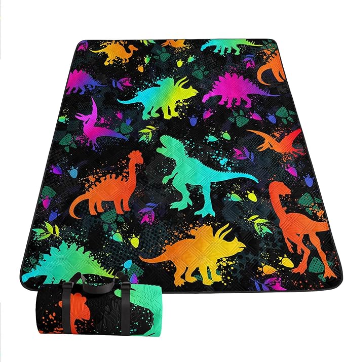 Outdoor Picnic Blanket Portable Ultrasonic Waterproof Picnic Dinosaur Graffiti Printed Camping Beach Mat for Sand and Wet Grass Hiking (Dinosaur02 S