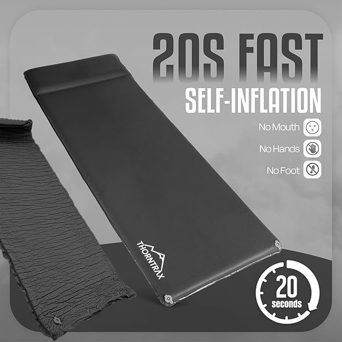 Throntrax Camping Sleeping Pad - Ultralight Camping Mat with Pillow Built-in - 3.1 Thick | Self-Inflating &amp Suitable for All Seasons - Compact Sleeping Pad for Camping - Grey