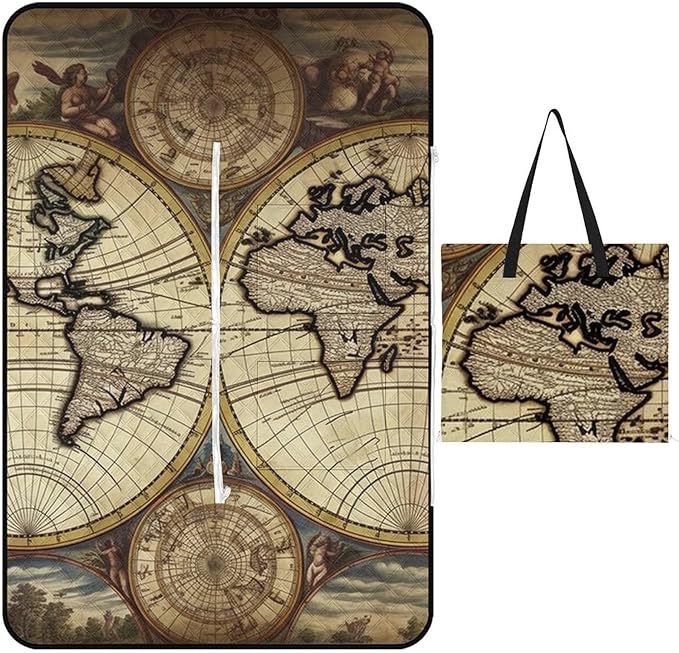 Zipper Ancient Map World Globe Style Picnic Mat Suitable for Travel Camping Park Or Home Use