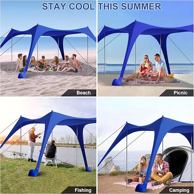 Beach Tent Sun Shelter UPF50+ with Sandbags Sand Shovel &amp Windproof Poles - Portable Pop Up Canopy for Beach Camping Picnics Backyard &amp Fishing (Royal Blue10x10FT)